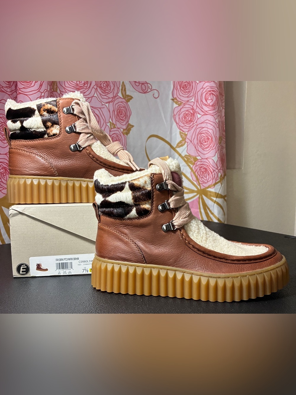Sam Edelman Brown & Cream Faux-Shearling Ankle Booties with Leopard Accent